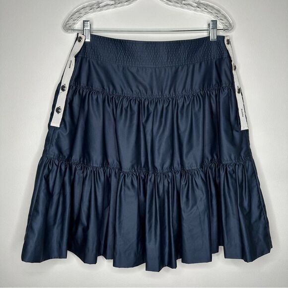 Carolina Herrera Navy Tiered Skirt flowy side buttons Size 10 100% Cotton,All Products : American Fashion Style Bags On Sale